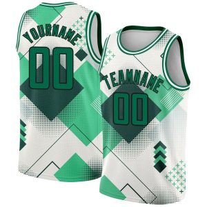 White, Kelly Green & Black Geometric Shapes City Edition Custom Basketball Jerseys for Men and Women