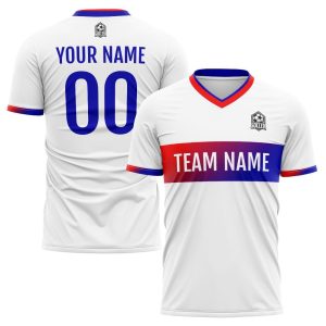 White, Blue & Red Custom Soccer Jerseys – Personalized Soccer Uniforms for Men, Women, and Kids