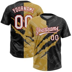 Graffiti Pattern Black, Old Gold & Red 3D Custom Name Softball Jerseys for Men and Women